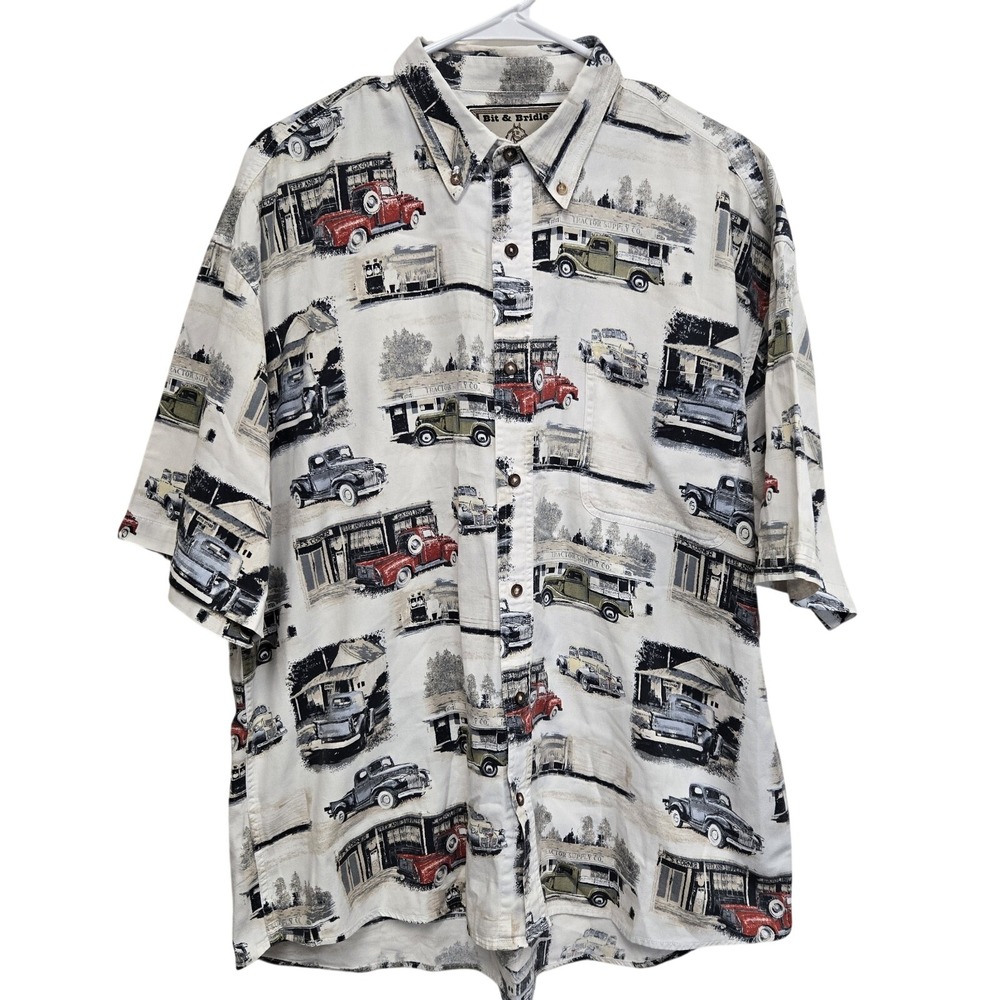 Mens Bit And Bridle Button Up Shirt Short‎ Sleeve Classic Trucks/Blue Size Large